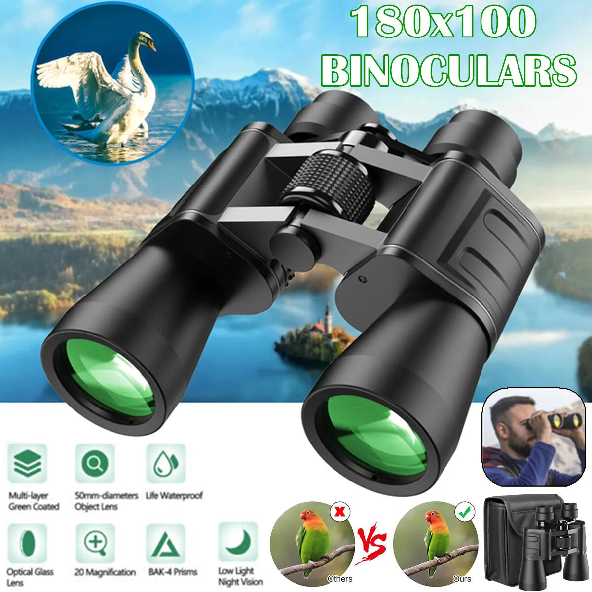 180X100 High Power Military Binoculars Day Night Vision Compact Waterproof Binoculars for Bird Watching Hunting Travel Football Games Stargazing with Carrying Case and Strap