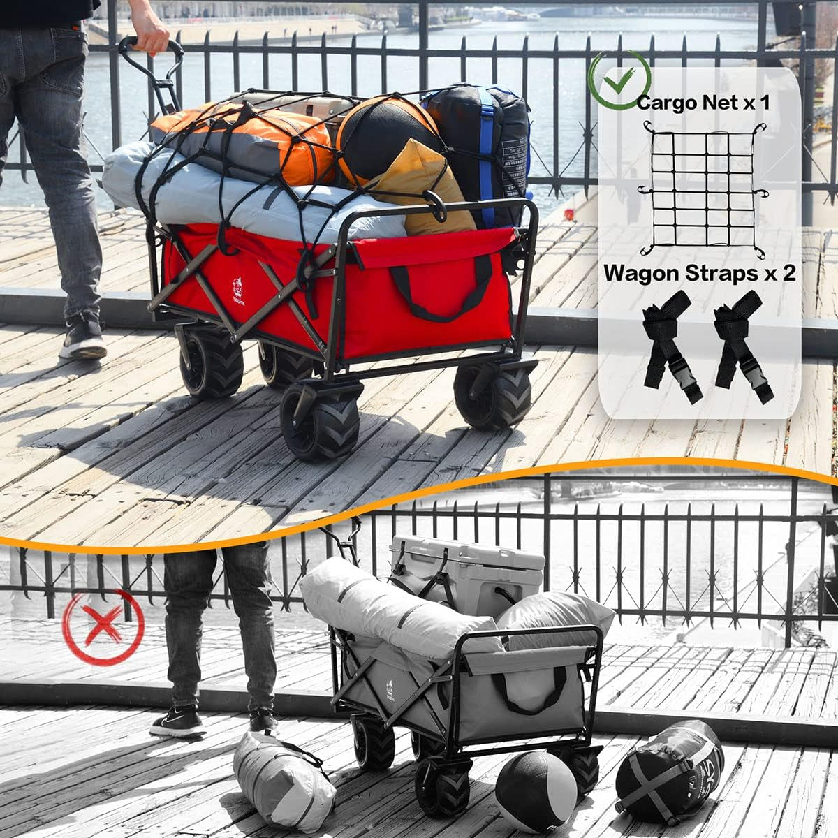 Collapsible Heavy Duty Beach Wagon Cart Outdoor Folding Utility Camping Garden Beach Cart with Universal Wheels Adjustable Handle Shopping