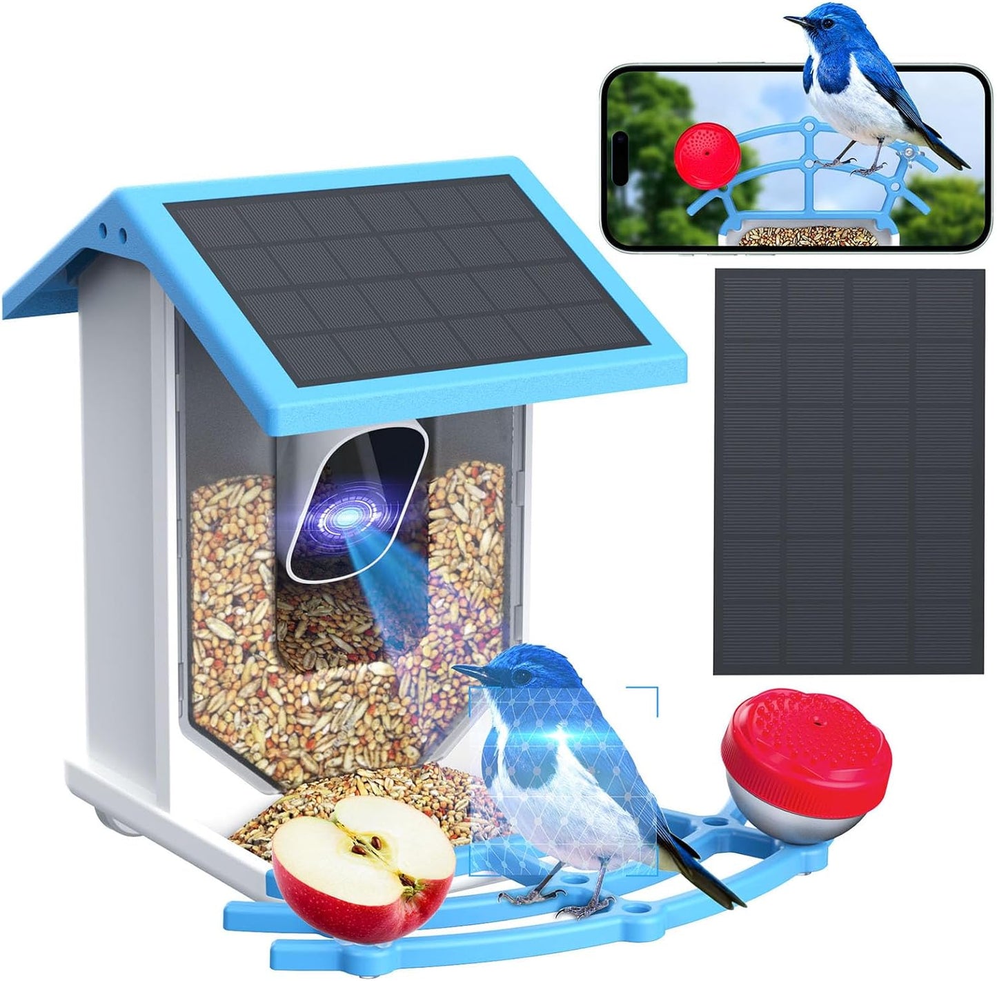 Smart Bird Feeder with Camera,Solar-Powered Wifi 4MP Live Camera,Ai Identify Bird Species Auto Capture Garden Bird Watching&Motion Detection,Ideal Gift for Bird Lovers,Blue