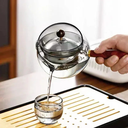 Semi-Automatic Rotary Heat-Resistant Glass Teapot Lazy Tea Making with Infuser and Wooden Handle Office Home Accessories Kitchen Gadgets