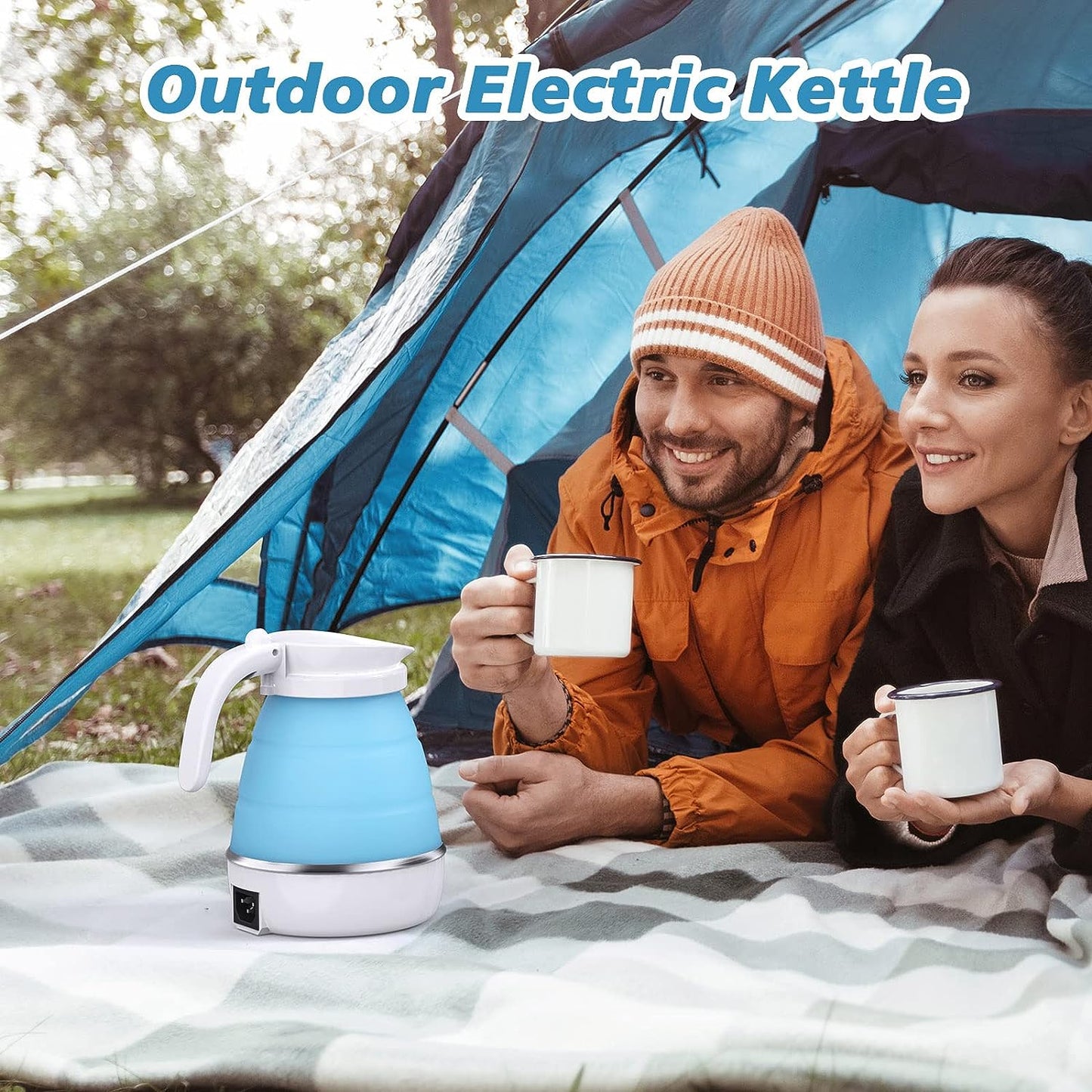 Foldable Electric Kettle, Camping Kettle, Mini Travel Kettle, Silicone Electric Water Boiler, Tea, Coffee Kettle, Collapsible Kettle with Separable Power Cord for Outdoor Hiking Camping, Blue