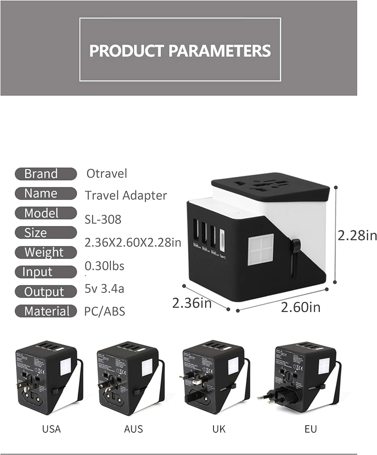 3 USB 1 Typc C International Power Adapter for Europe, UK, China, Australia, Japan and More 200 Countries