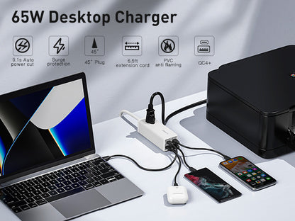 USB C Charger, MANTO 65W 5-In-1 Gan USB Charging Station, Super Fast Charger with 2 USB C Ports, 2 USB Ports and 1 Outlet, USB C Power Strip