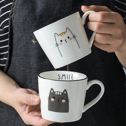 Breakfast Ceramic Milk Coffee Cup Couple Personality Creative Coffee Cup Cartoon Cat Pattern Kitchen Gadgets