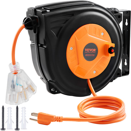 VEVOR Retractable Extension Cord Reel, 30 FT, Heavy Duty 16AWG 3C SJTOW Power Cord, with Lighted Triple Tap Outlet 10 Amp Circuit Breaker, for Ceiling or Wall Mount Garage and Shop, ETL Listed