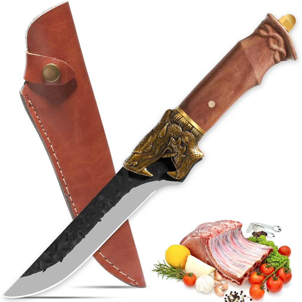 Qulajoy Boning Knife - Hand Forged Camping Knife 7Cr17Mov Blade - Dragon Head Handle and Leather Sheath - Unique Dragon Style - Viking Knife for Hunting & Camping