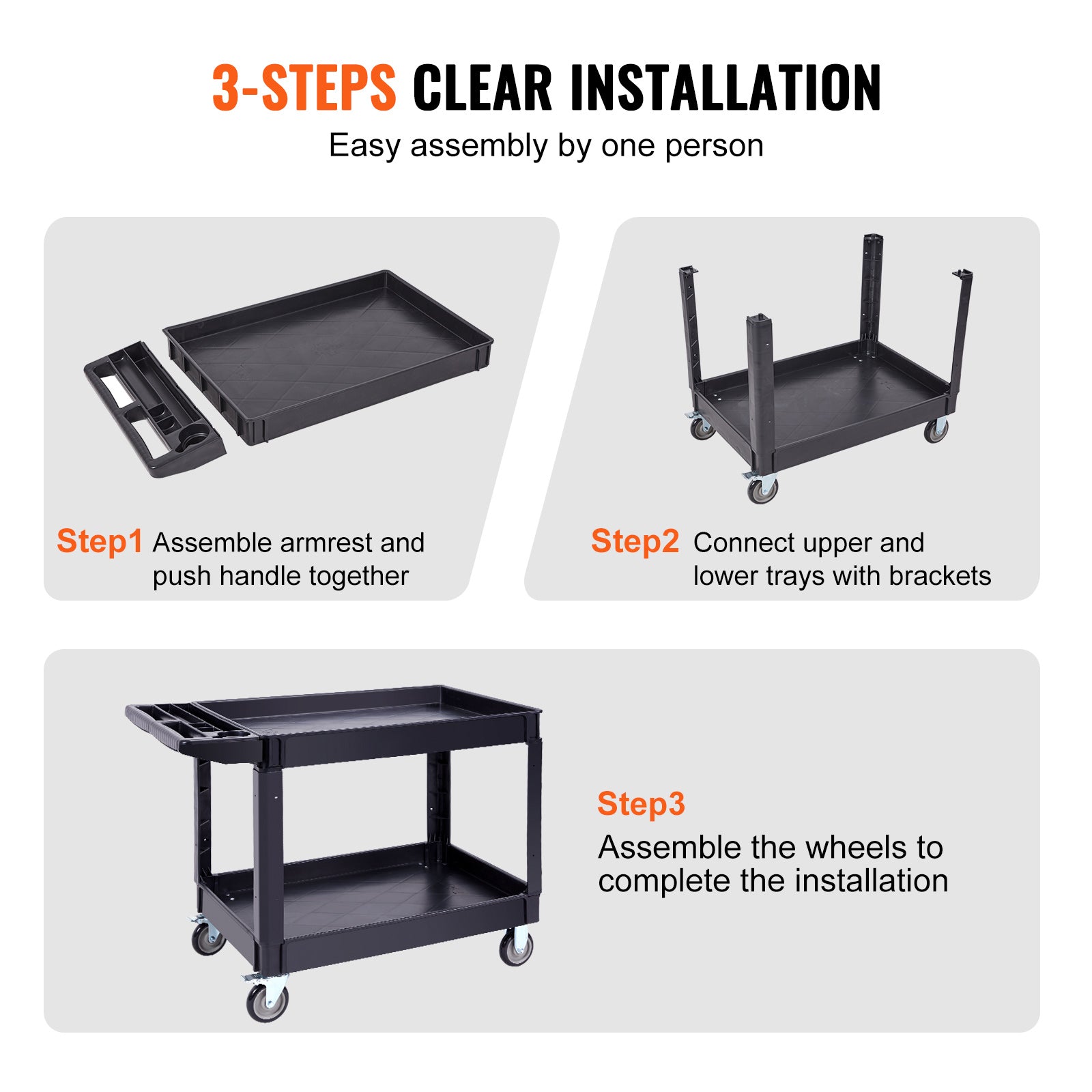 VEVOR Utility Service Cart, 2 Shelf 550LBS Heavy Duty Plastic Rolling Utility Cart with Swivel Wheels 2 with Brakes, Large Lipped Shelf, Ergonomic Storage Handle for Warehouse Garage Cleaning