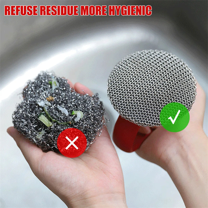 Cast Iron Scrubber 316 Stainless Steel Cast Iron Scrubber with Handle Steel Wool Scrubber round Chainmail Scrubber Brush Kitchen Gadgets