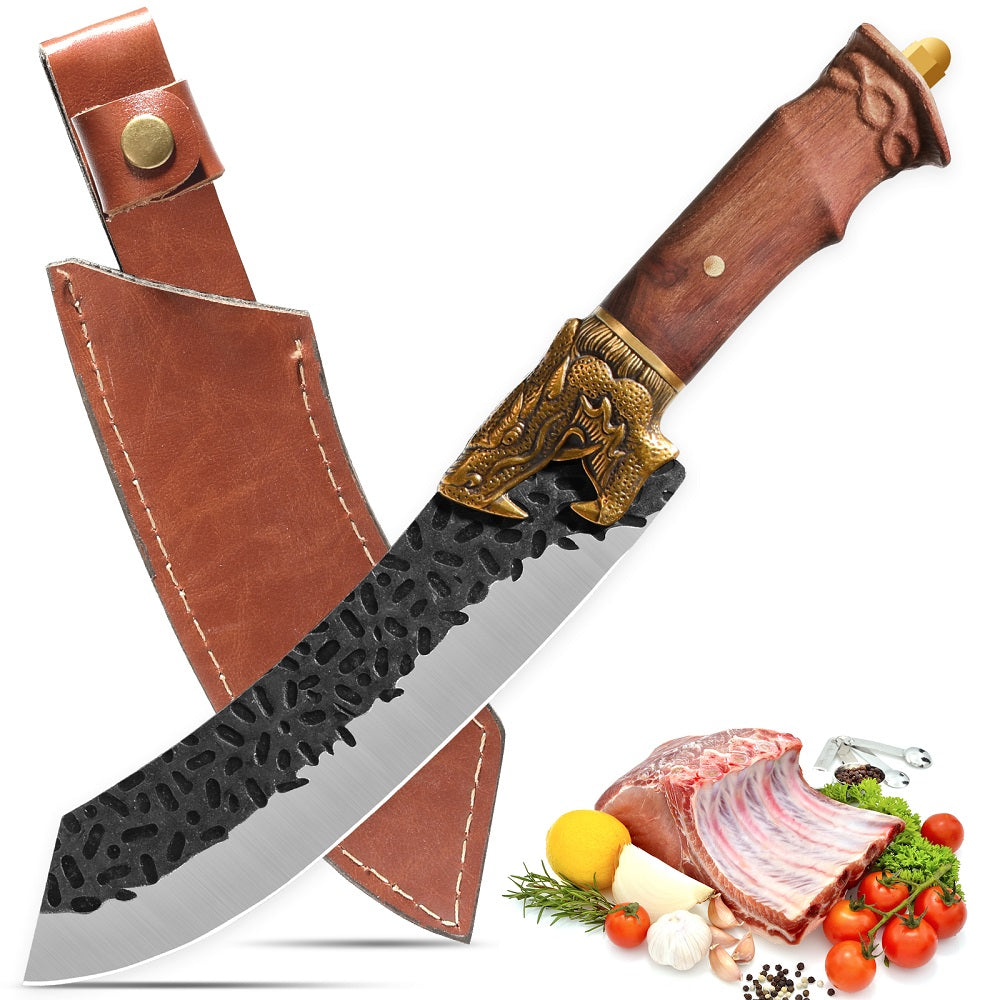 Qulajoy Boning Knife - Hand Forged Camping Knife 7Cr17Mov Blade - Dragon Head Handle and Leather Sheath - Unique Dragon Style - Viking Knife for Hunting & Camping