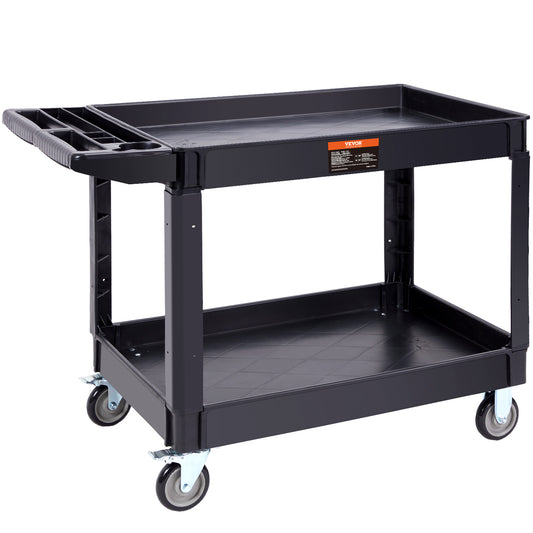 VEVOR Utility Service Cart, 2 Shelf 550LBS Heavy Duty Plastic Rolling Utility Cart with Swivel Wheels 2 with Brakes, Large Lipped Shelf, Ergonomic Storage Handle for Warehouse Garage Cleaning