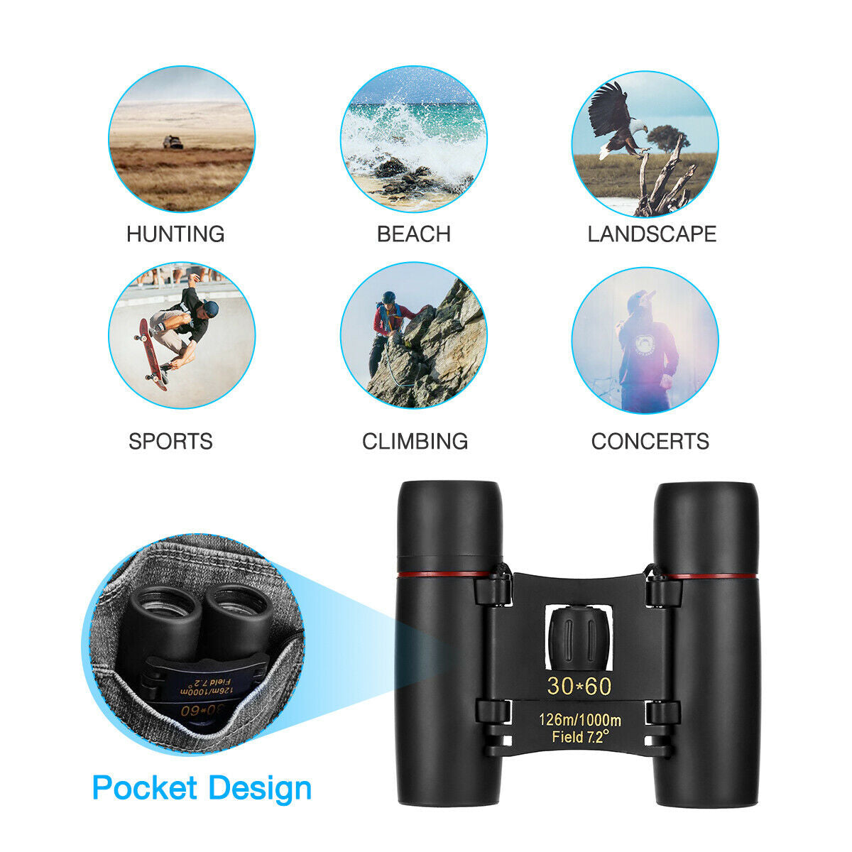 Binoculars 30X60 Zoom Travel Compact Folding Telescope Hunting Day Night Outdoor Small Pocket Binoculars Compact Adults, Mini Kids Binoculars Boys for Bird Watching, Concert Theater Opera