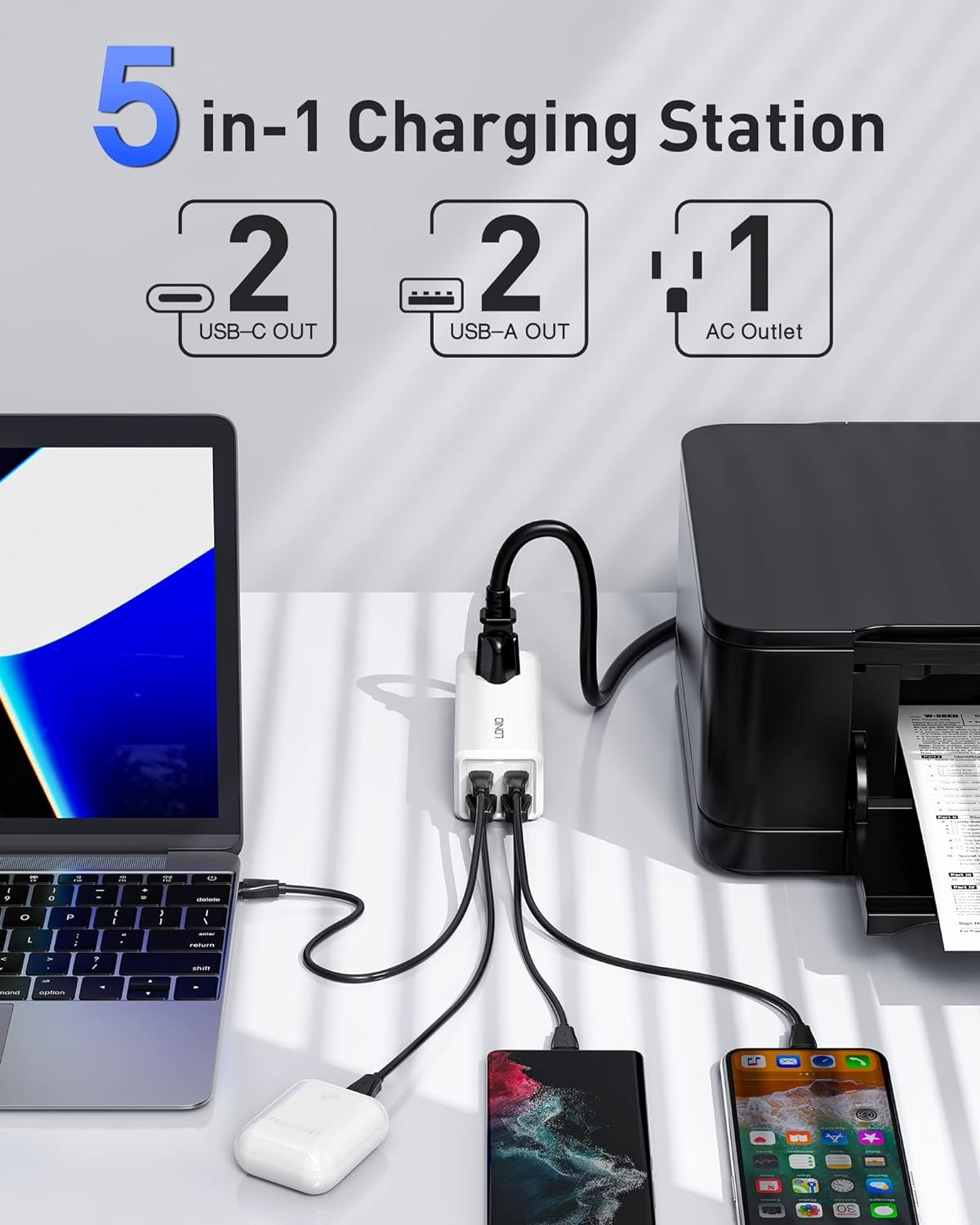 USB C Charger, MANTO 65W 5-In-1 Gan USB Charging Station, Super Fast Charger with 2 USB C Ports, 2 USB Ports and 1 Outlet, USB C Power Strip