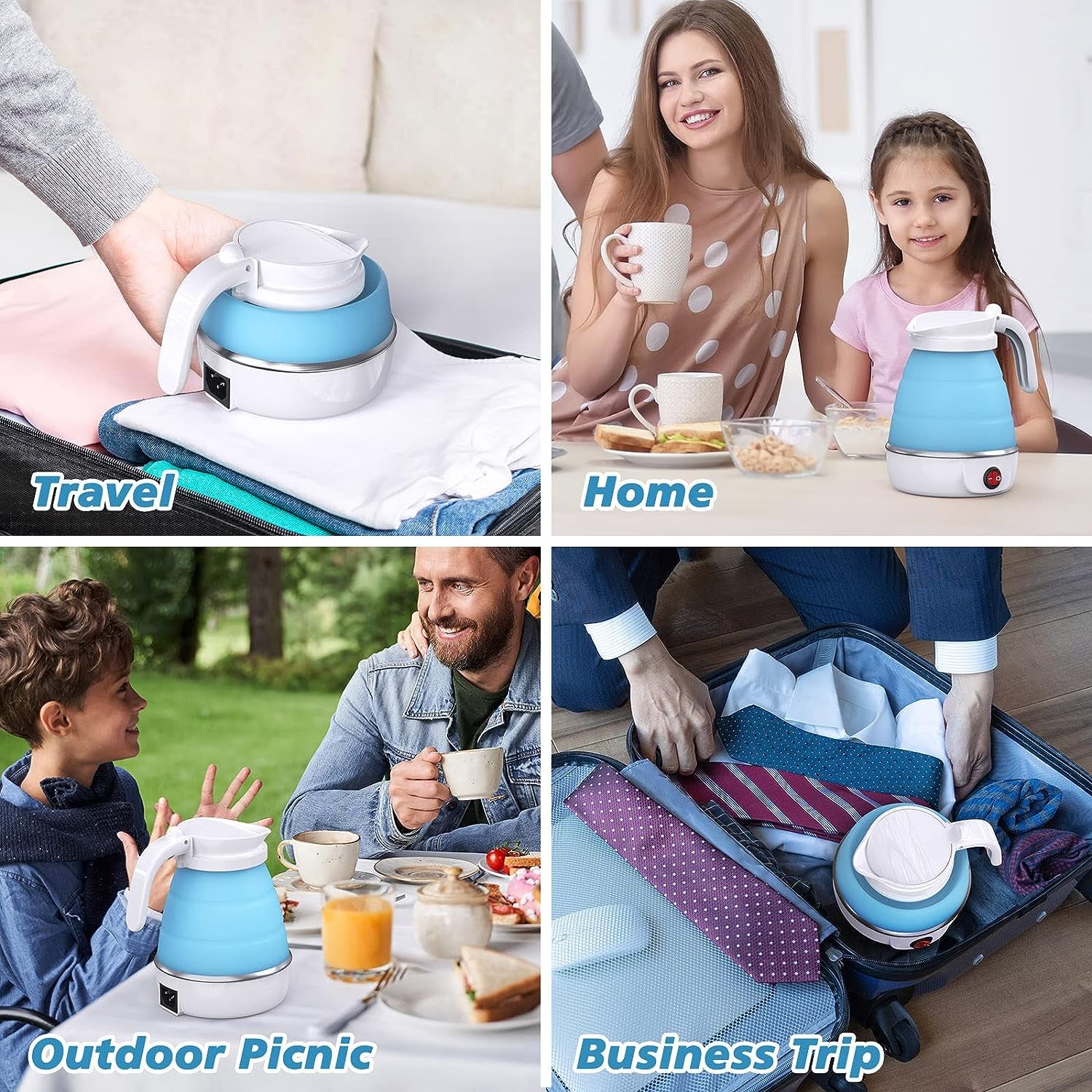 Foldable Electric Kettle, Camping Kettle, Mini Travel Kettle, Silicone Electric Water Boiler, Tea, Coffee Kettle, Collapsible Kettle with Separable Power Cord for Outdoor Hiking Camping, Blue