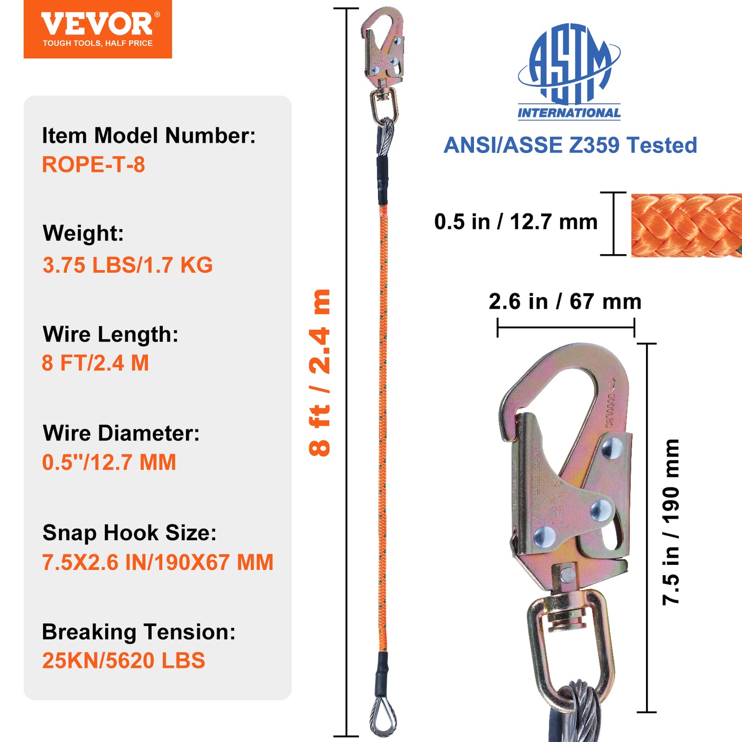 VEVOR Steel Core Flipline, Arborist Flipline, Flip Line for Tree Climbing with Alloy Steel Snap Hook, Aluminum Alloy Carabiner and Extra Tool Lanyard, for Arborist, Tree Climbers