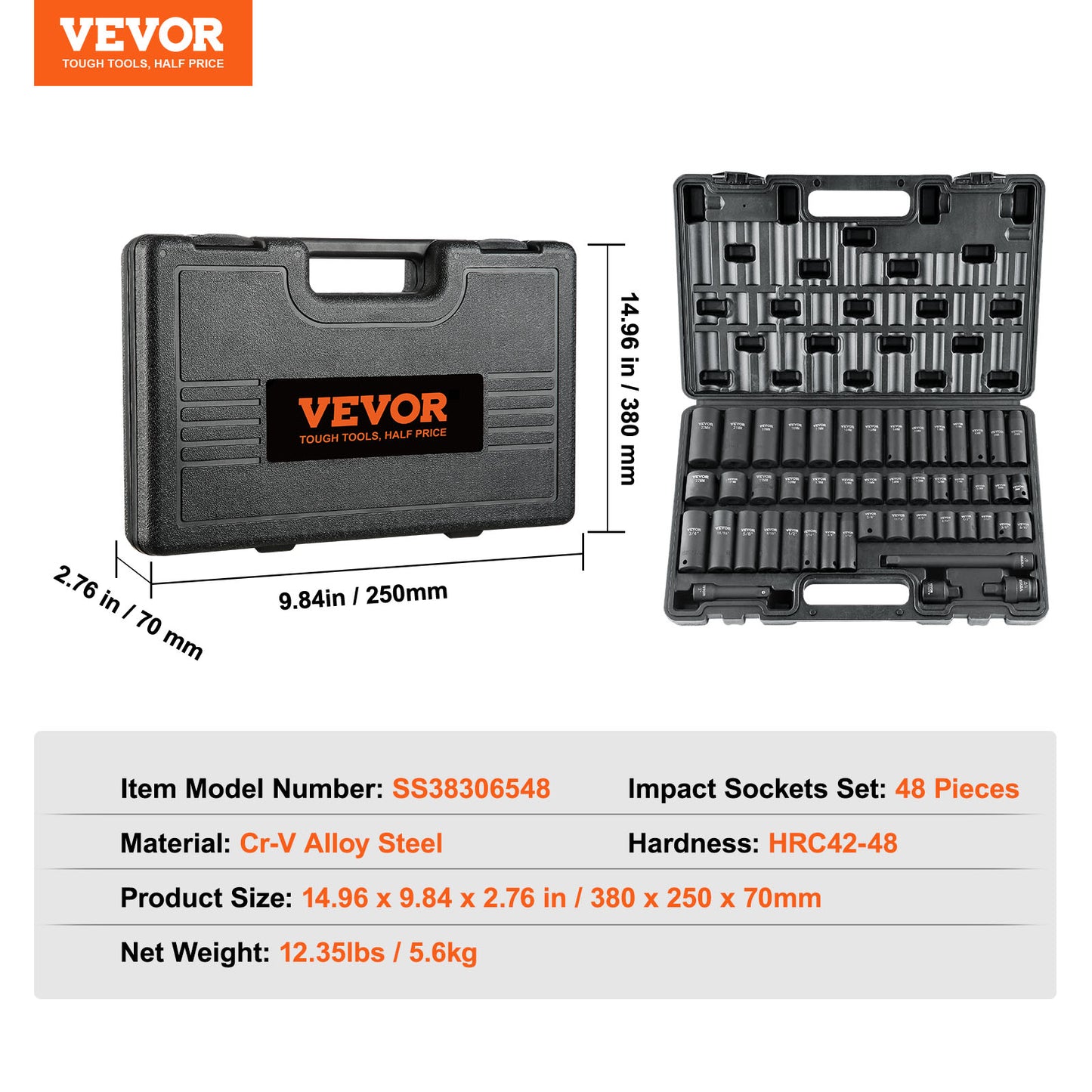 VEVOR Rive Impact Socket Set, 48 Piece Socket Set SAE & Metric 8-22Mm 6 Point Cr-V Drive Extension Bar Universal Joint & Power Drill Adapter Includes Storage Case