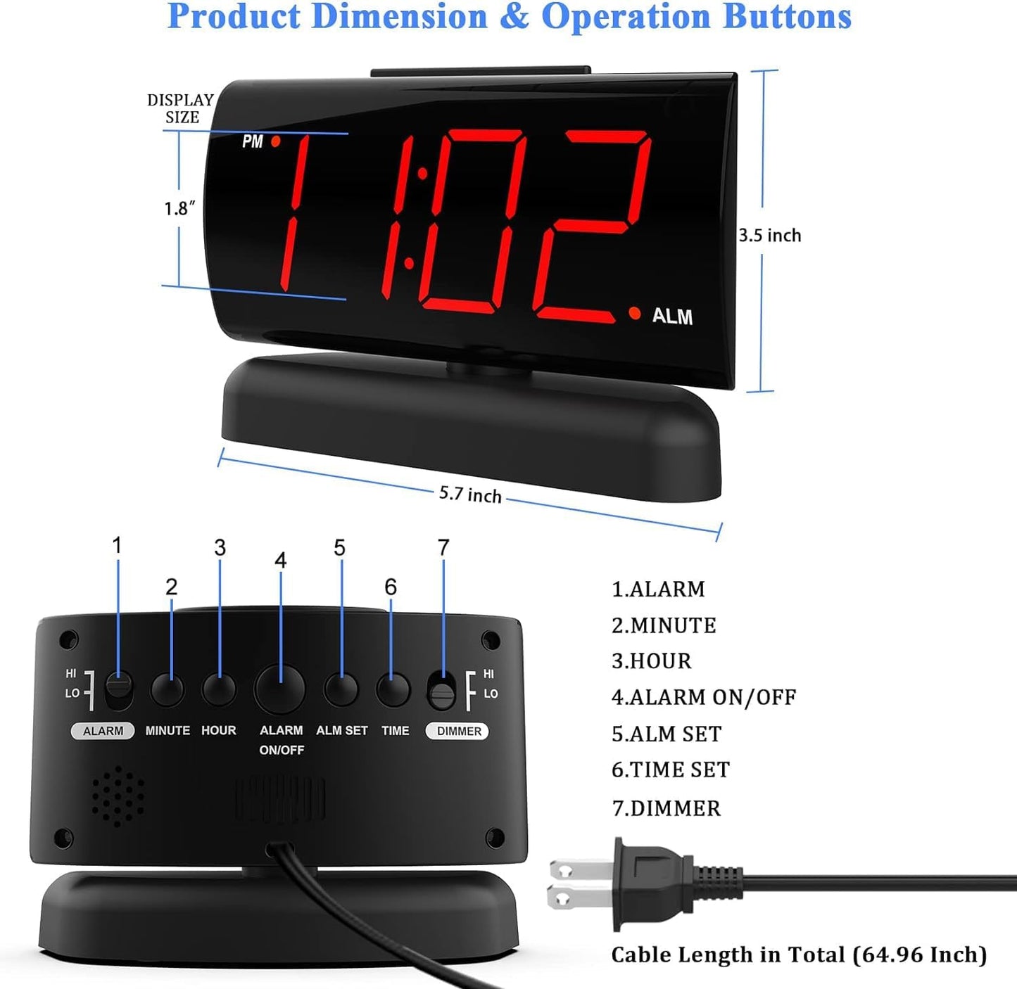 Alarm Clock Large Digital Rotating Base, 2-Level Brightness Digital Clock Bedroom, Bedside Alarm Clock, Format Socket Power Supply