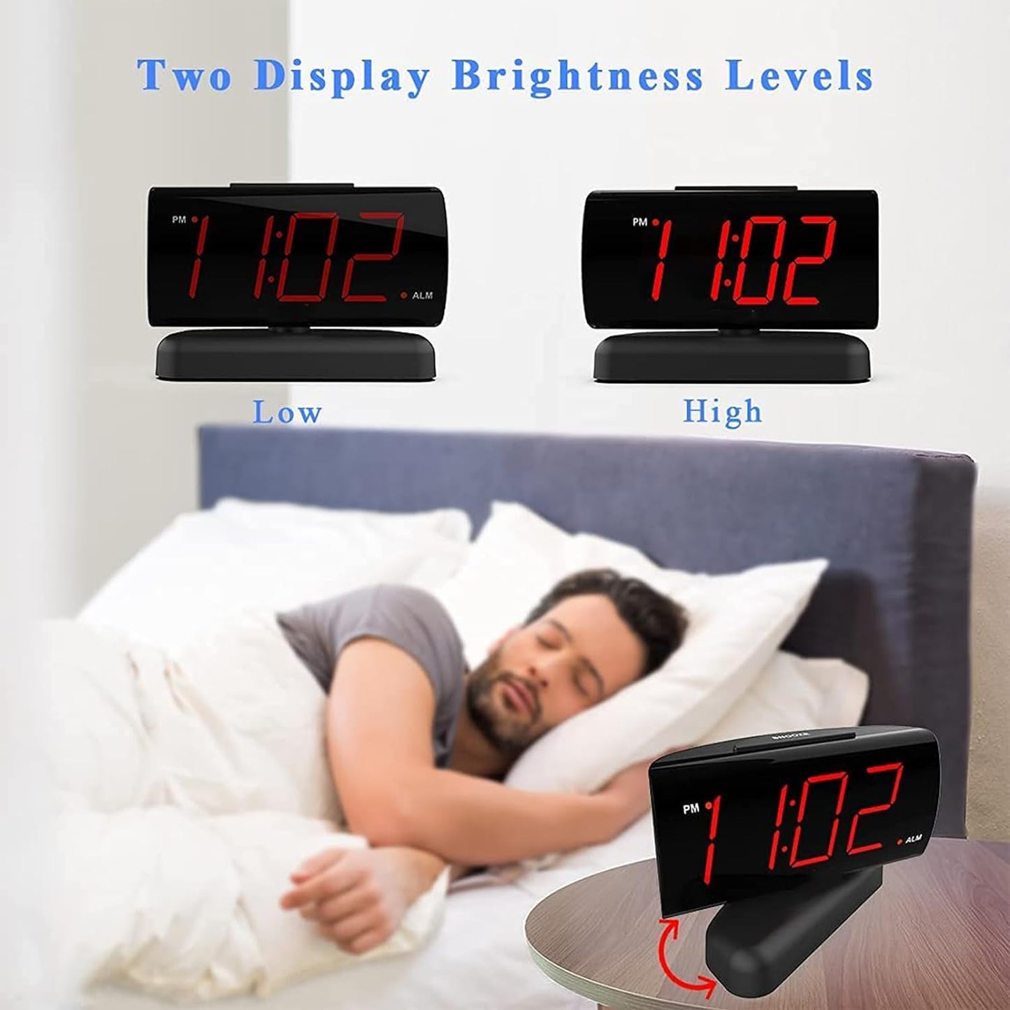 Alarm Clock Large Digital Rotating Base, 2-Level Brightness Digital Clock Bedroom, Bedside Alarm Clock, Format Socket Power Supply