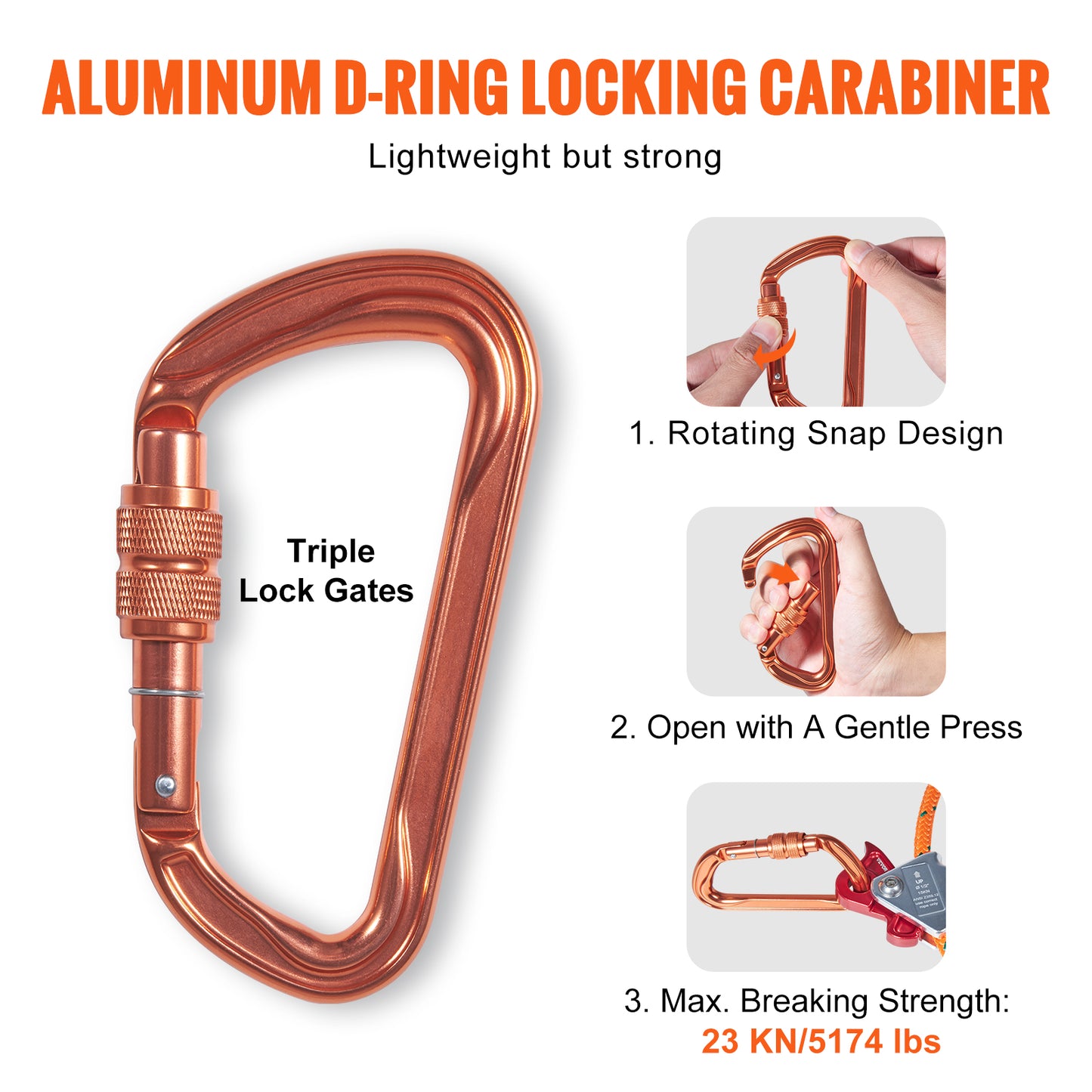 VEVOR Steel Core Flipline, Arborist Flipline, Flip Line for Tree Climbing with Alloy Steel Snap Hook, Aluminum Alloy Carabiner and Extra Tool Lanyard, for Arborist, Tree Climbers