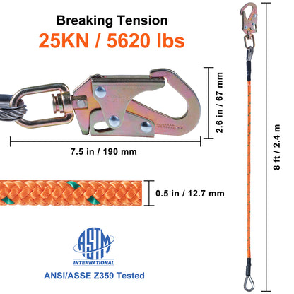 VEVOR Steel Core Flipline, Arborist Flipline, Flip Line for Tree Climbing with Alloy Steel Snap Hook, Aluminum Alloy Carabiner and Extra Tool Lanyard, for Arborist, Tree Climbers