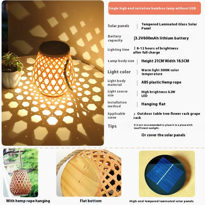 Outdoor Solar Lantern Lights Waterproof High Brightness Hanging Imitation Bamboo Weaving Hollowed Table Lamp Decoration