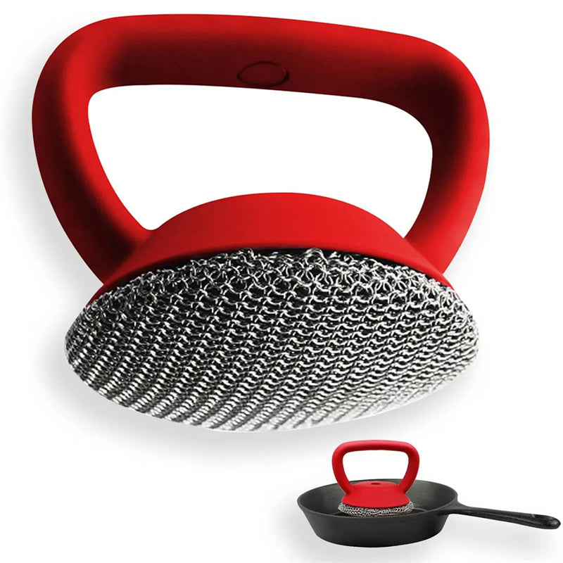 Cast Iron Scrubber 316 Stainless Steel Cast Iron Scrubber with Handle Steel Wool Scrubber round Chainmail Scrubber Brush Kitchen Gadgets