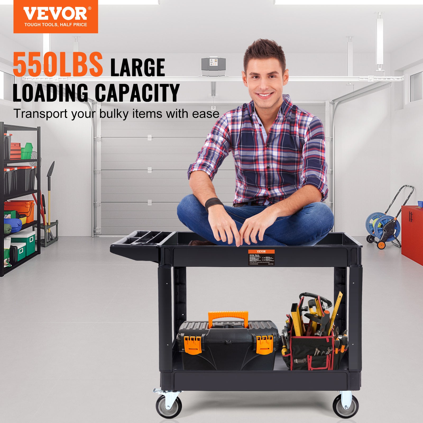 VEVOR Utility Service Cart, 2 Shelf 550LBS Heavy Duty Plastic Rolling Utility Cart with Swivel Wheels 2 with Brakes, Large Lipped Shelf, Ergonomic Storage Handle for Warehouse Garage Cleaning