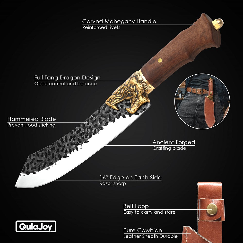 Qulajoy Boning Knife - Hand Forged Camping Knife 7Cr17Mov Blade - Dragon Head Handle and Leather Sheath - Unique Dragon Style - Viking Knife for Hunting & Camping