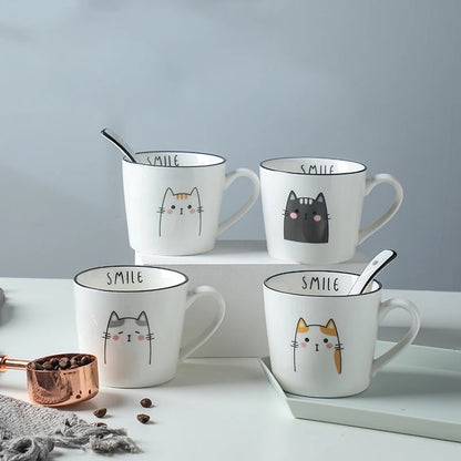 Breakfast Ceramic Milk Coffee Cup Couple Personality Creative Coffee Cup Cartoon Cat Pattern Kitchen Gadgets