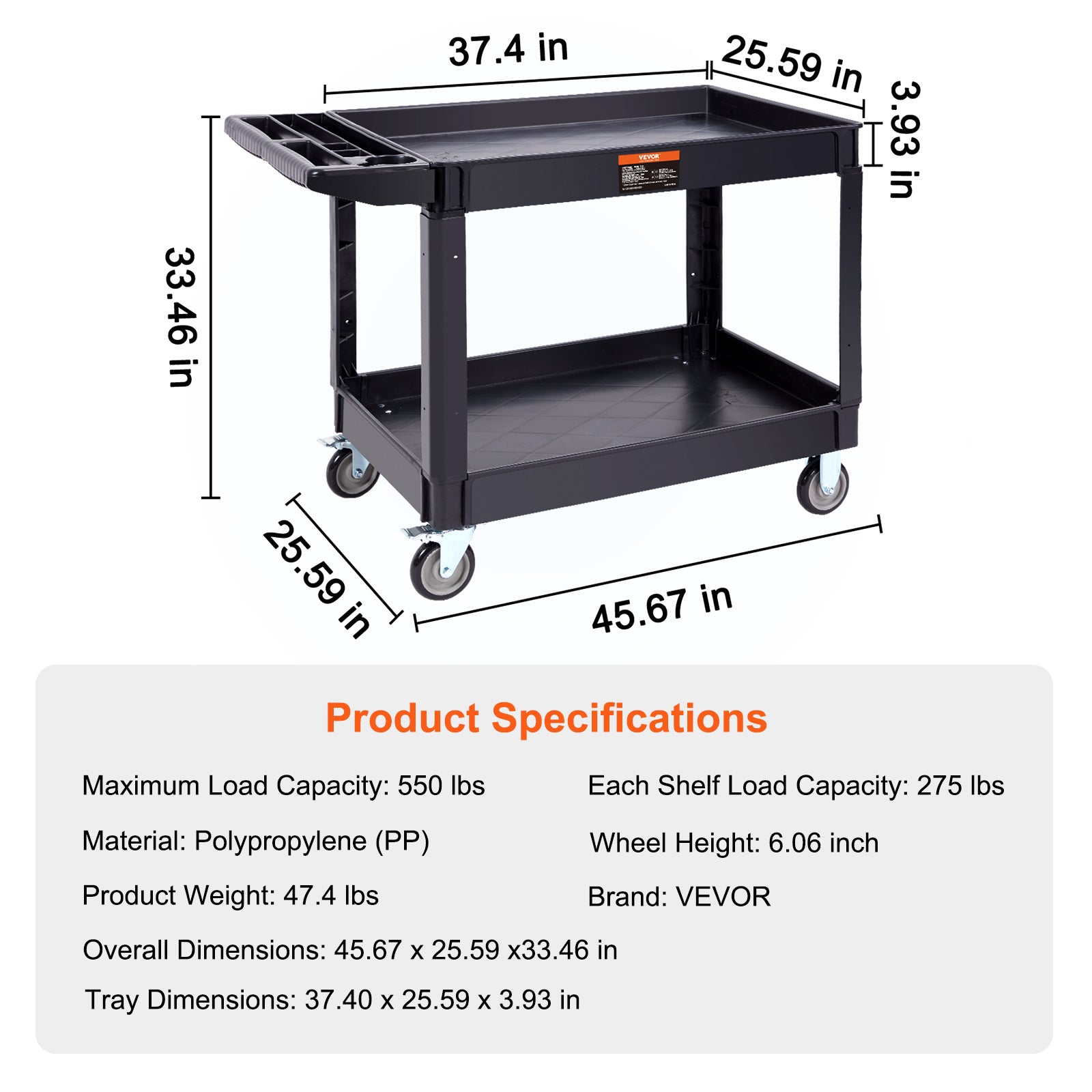 VEVOR Utility Service Cart, 2 Shelf 550LBS Heavy Duty Plastic Rolling Utility Cart with Swivel Wheels 2 with Brakes, Large Lipped Shelf, Ergonomic Storage Handle for Warehouse Garage Cleaning